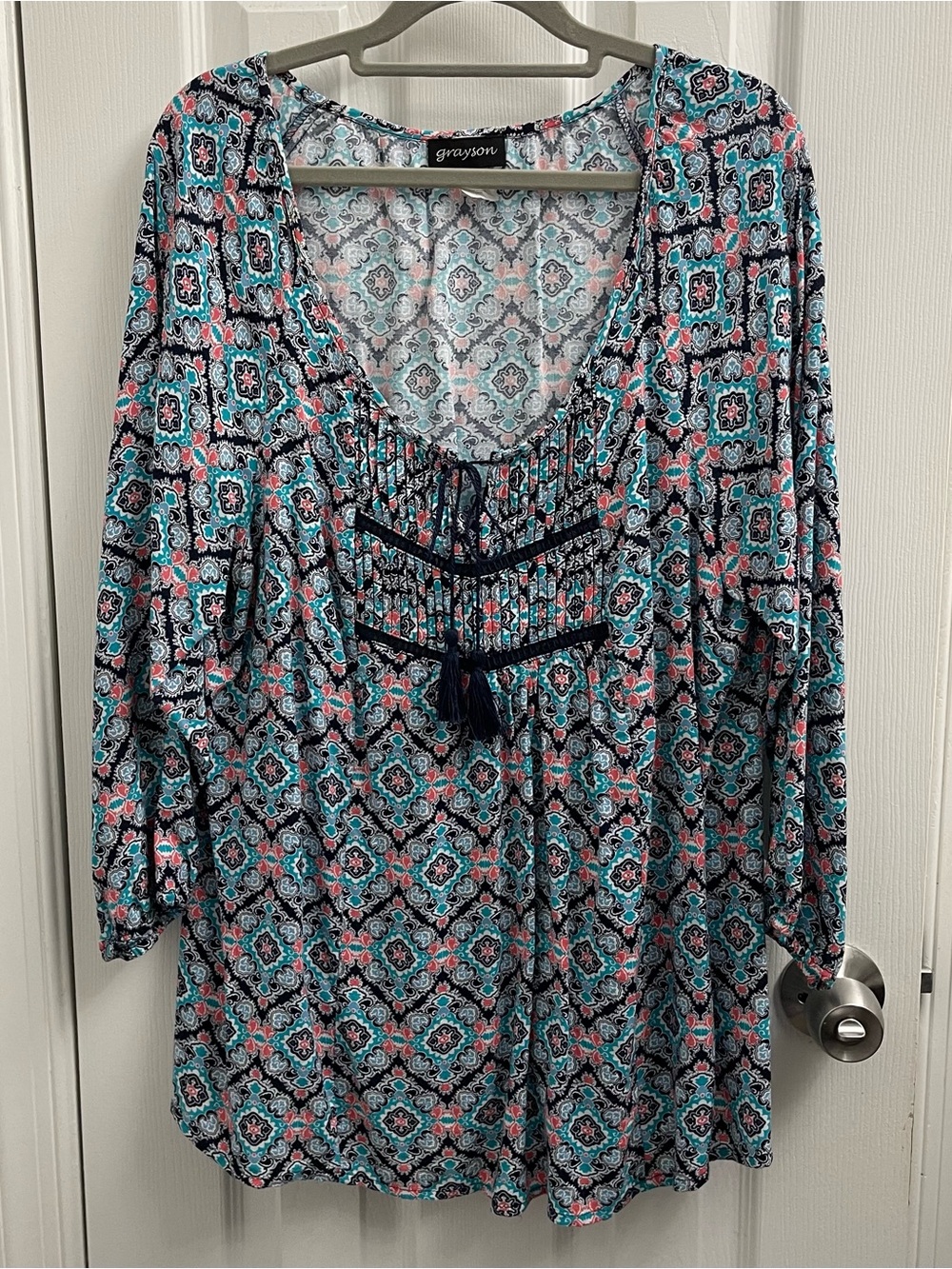 Grayson Aqua & Navy Printed Peasant Top
